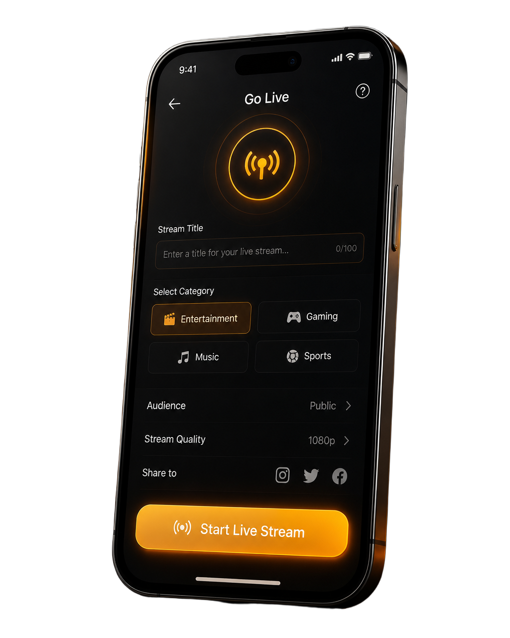 Go Live stream setup screen on Traphouse mobile app